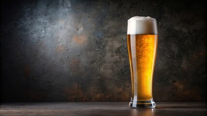 Wall Mural - Tall beer glass filled with golden beer and a creamy foam head on a dark textured background, beer, glass, golden, foam, head, cream