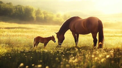 Wall Mural - Mother Horse and Foal in a Field at Sunset