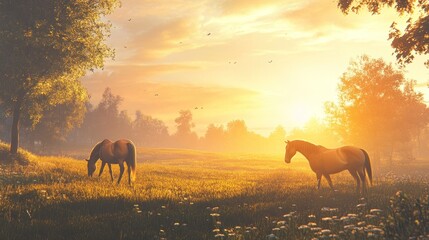 Wall Mural - Horses Grazing in a Golden Meadow at Sunset