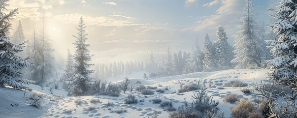 Canvas Print - Winter landscape with snow-covered trees and hills, 4K hyperrealistic photo