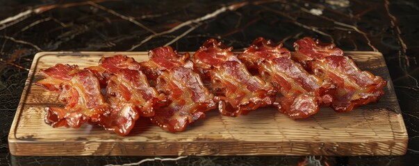 Wall Mural - Crispy bacon strips on wooden board, 4K hyperrealistic photo