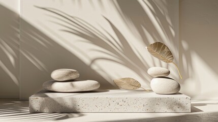 Wall Mural - Minimalist product display with stone, leaf shadows, and raw photo feel