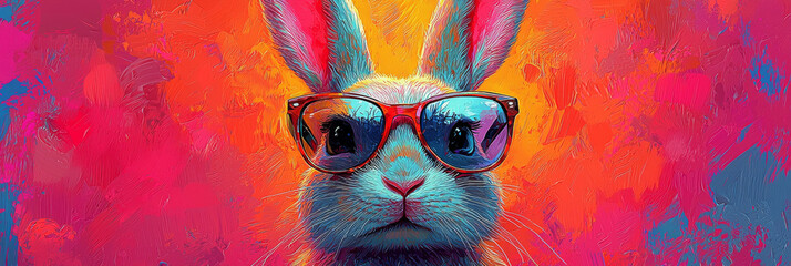  A cool bunny wearing sunglasses, painted in vibrant colors.