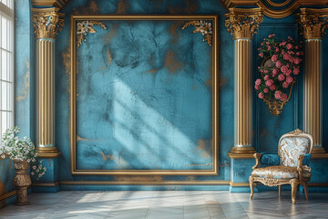 A vintage-style luxury room with golden molding decor and a blue wall serves as a classical architectural background for a mockup 