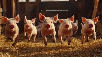 Canvas Print - Playful Piglets Running in a Barn