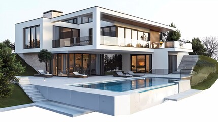 Wall Mural - 3D rendering of a modern house with swimming pool and parking in a luxurious style. Isolated on white