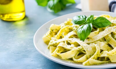 Wall Mural - A plate of pasta coated in green pesto sauce, Generative AI