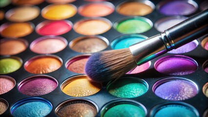 Wall Mural - A vibrant palette of makeup colors with a brush.