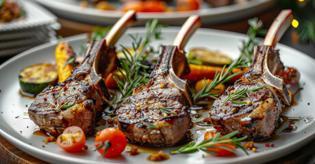  Rack of lamb in white deep plate close-up. Luxury