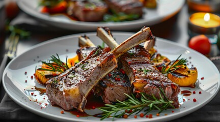 Rack of lamb in white deep plate close-up