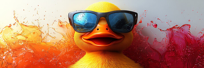 Wall Mural - A yellow rubber duck wearing sunglasses is surrounded by splashes of orange and red liquid. It's a fun and playful image.