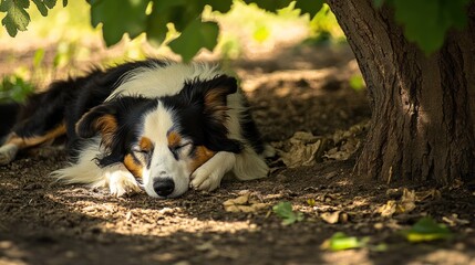 Sleeping Border Collie in the Shade of a Tree