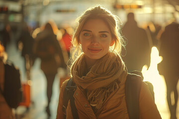 Wall Mural - As morning sun cast a warm glow over bustling airport terminal, a wide-angle view captured vibrant scene of a confident traveler woman, adorned with a bright smile, navigating through crowd with her s