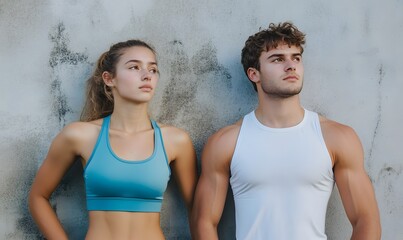 Athletic man and woman on gym background wearing in the sportswear, Generative AI