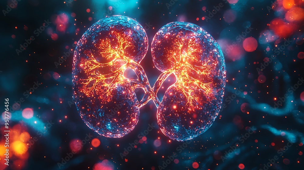 A glowing medical illustration of human kidneys, with blue and red ...