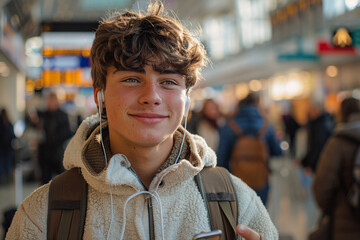 Wall Mural - young man, with a wide-angle view capturing bustling airport terminal, exudes a vibrant energy as he waits, listening to music and using his mobile phone, his excitement palpable on this sunny day, as