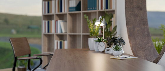 Wall Mural - A close-up side view image of a hardwood tabletop in a contemporary home office room.