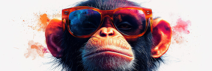 Wall Mural - A close-up of a chimpanzee wearing sunglasses with a cool and confident expression.