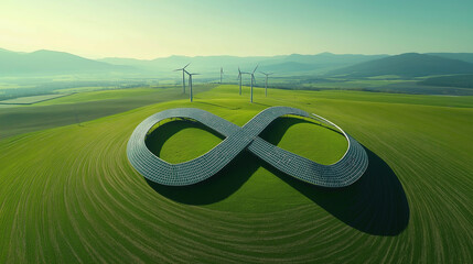 Illustration of an infinity symbol made of solar panels and wind turbines on the lawn