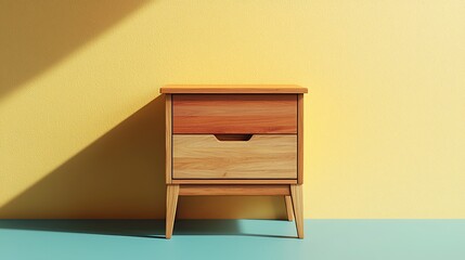 A wooden nightstand with two drawers set against a backdrop of yellow and green, blending rustic charm with bold colors.