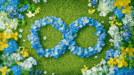 Sticker - Illustration of an infinity symbol made of blue and yellow flowers on the lawn