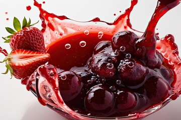 Wall Mural - Red Berry Jam Splash with Bubbles and Fruity Strawberry Sauce on Isolated Background