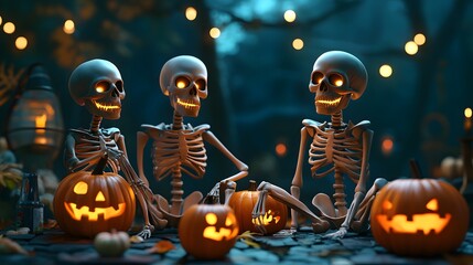 Three cheerful skeletons sit among glowing pumpkins, creating a festive and spooky Halloween atmosphere in a haunted forest.