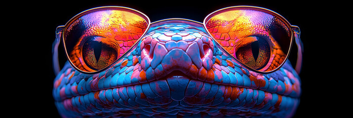 Wall Mural - A colorful snake with sunglasses stares intently at the camera. It's got that cool, reptilian look.