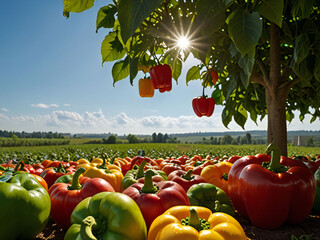 Wall Mural - Bell pepper field in the sunset