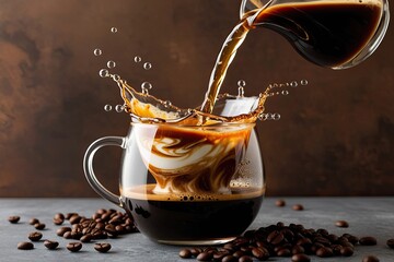 Wall Mural - Caramel Swirl Coffee Splash with Bubbles and Drifting Beans in a Liquid Flow