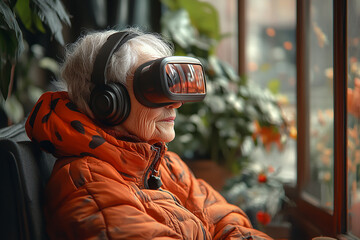 An elderly woman experiencing virtual reality, immersed in a digital world while seated in a cozy, plant-filled space.