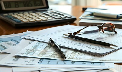 Calculator on financial statement and balance sheeet on desk of auditor. Concept of accounting and audit business. 