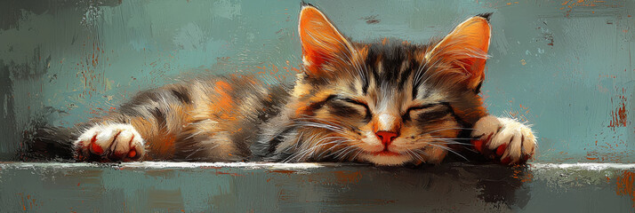 Canvas Print - A cute tabby kitten naps peacefully on a wooden surface with its paws outstretched.