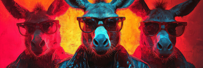 Wall Mural - Three donkeys in sunglasses against a red and yellow background.