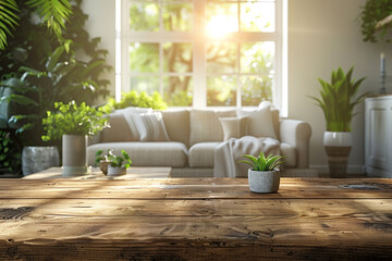 Wall Mural - A wood table is set against backdrop of a cozy living room, creating a warm and inviting atmosphere in stock photo 