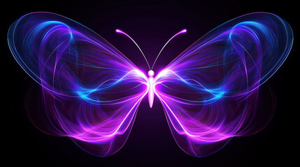 futuristic and technological illustration of purple and blue energy lines in the shape of a butterfly on dark background