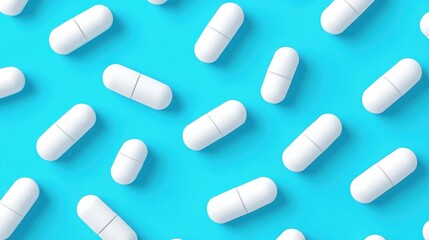 A modern illustration showcasing rows of white tablets against a soothing blue backdrop, highlighting health themes.