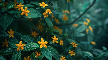 07231249 609. Artistic depiction of a plant covered in yellow star flowers, with a focus on the bright yellow blooms and the lush green leaves, creating a vivid and lively natural scene