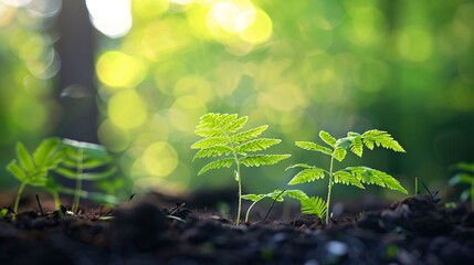 07231249 612. High-resolution image of delicate young fern leaves growing in a woodland setting, with clear focus on the fresh greenery and open space for text or design