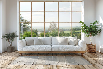 Wall Mural - A Nordic-inspired living room with a white sofa, wooden flooring, minimalist decor, and a large window offering a view of a serene landscape, creating a Scandinavian interior poster mock-up 