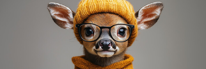 Canvas Print - A cute fawn wearing a knitted hat and glasses, looking directly at the camera with curious, wide eyes.