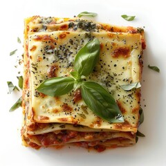 Wall Mural - a close-up of delicious cheesy lasagna, garnished with fresh basil leaves and pepper.