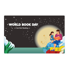 Wall Mural - Mother and daughter sitting on a pile of books. Mother reading a storybook to her daughter. World Book Day concept. Flat vector illustration.