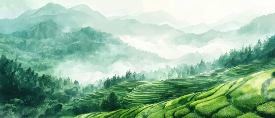 Wall Mural - Enchanting Misty Mountain Landscape with Lush Terraced Tea Plantations