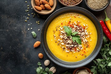 Wall Mural - Yellow thick soup with nuts, seeds and red pepper on a dark background. Top view