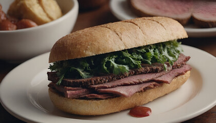 Wall Mural - pastrami on rye sandwich on a plate