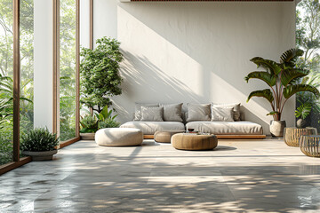 3D-rendered minimalistic living room features a concrete floor, white walls, and beige furniture, with large windows offering a view of outdoor scenery 