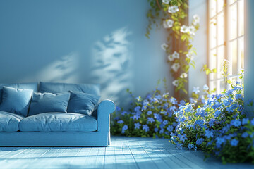 Wall Mural - A bright, modern blue living room with a blurred panorama featuring a sofa and flowers 