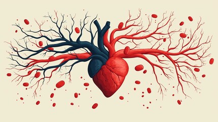 Wall Mural - Blood circulation pathways displayed with arteries, veins, and the heart in a minimalist flat design.