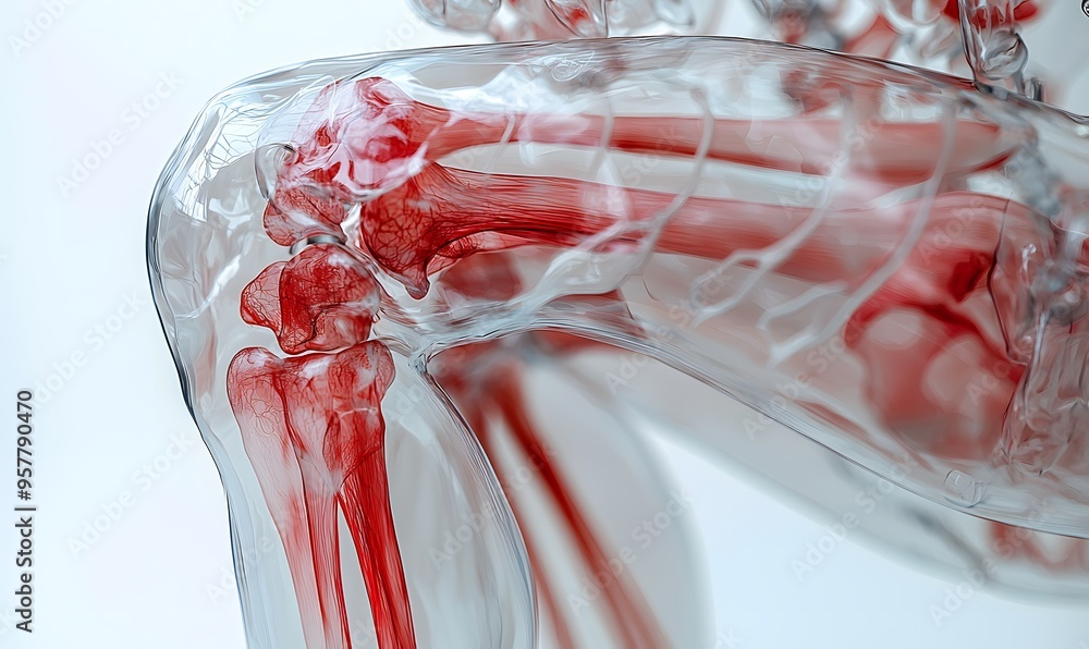 Translucent Muscles Translucent 3D model of the human skeleton, close-up focus on the knee ...